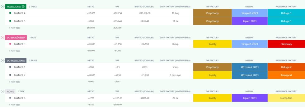 How the invoice database looks in ClickUp