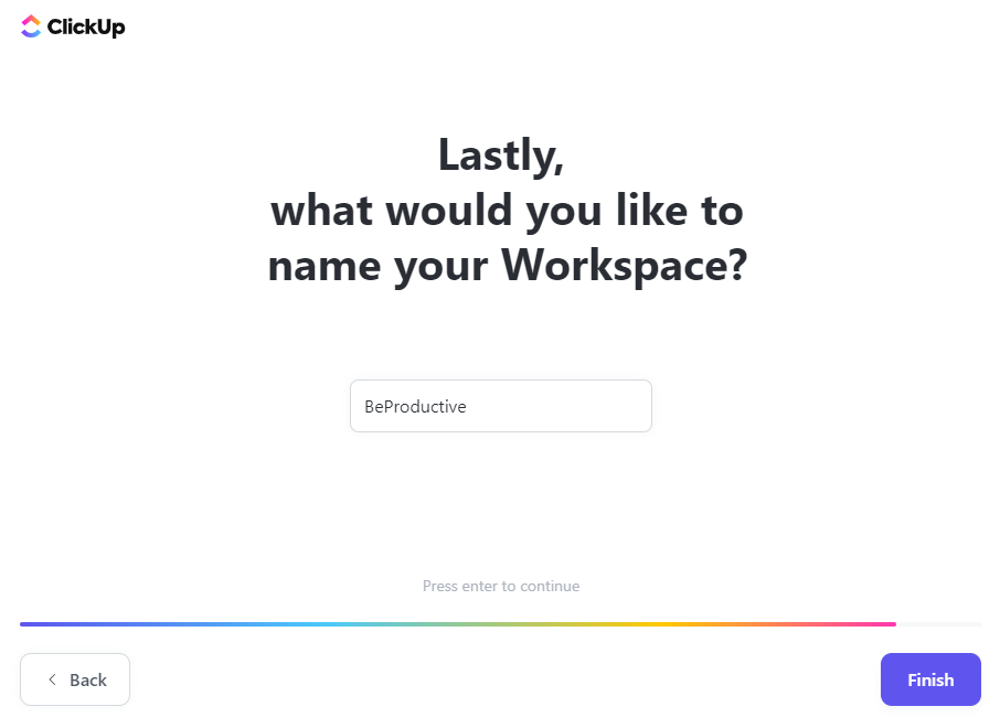 ClickUp Tworzenie konta i konfiguracja - Krok drugi - Nazwa Workspace