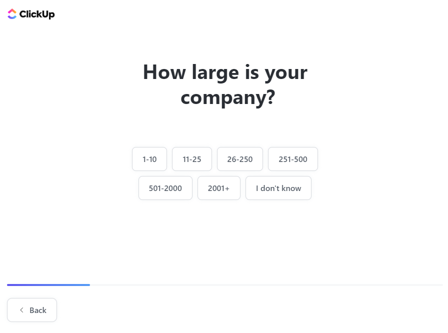 ClickUp Tworzenie konta i konfiguracja - Krok drugi - jak duża jest twoja firma