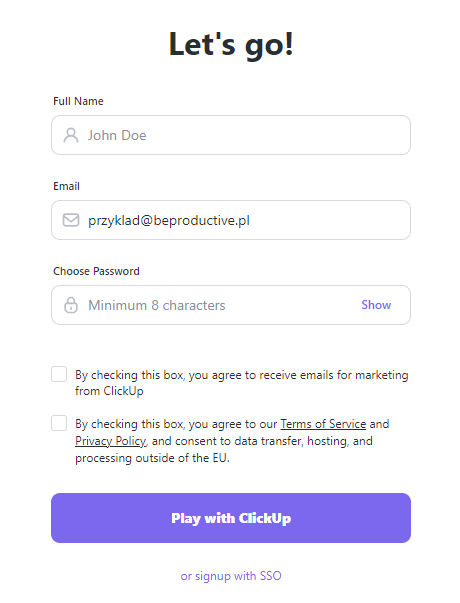ClickUp Tworzenie konta i konfiguracja - Krok pierwszy - Rejestracja i podanie danych