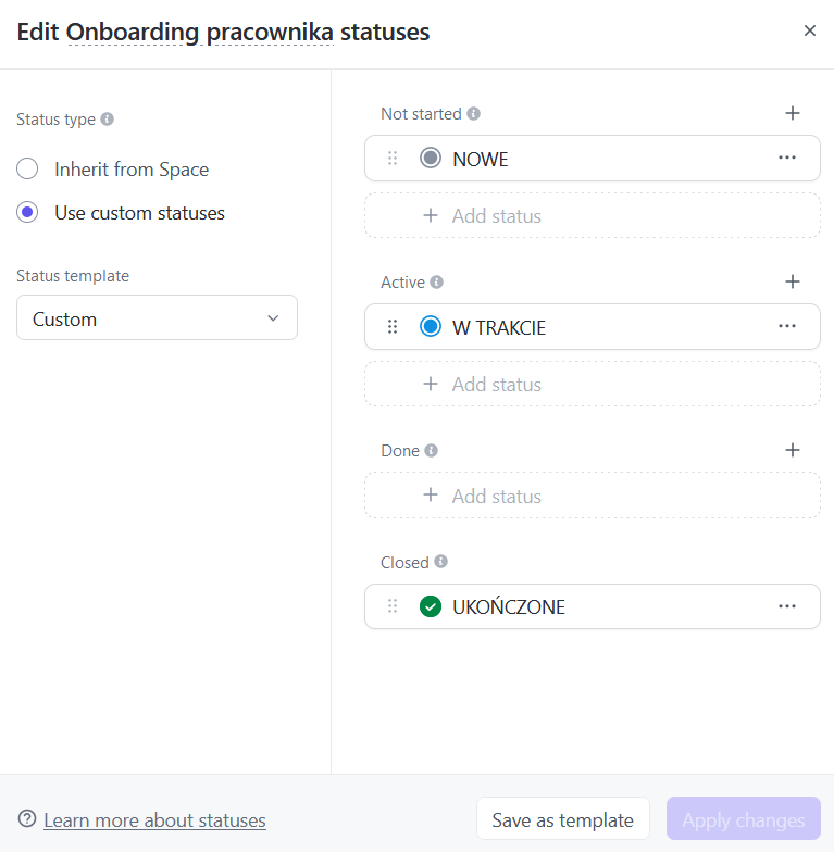 ClickUp statusy w jezyku polskim